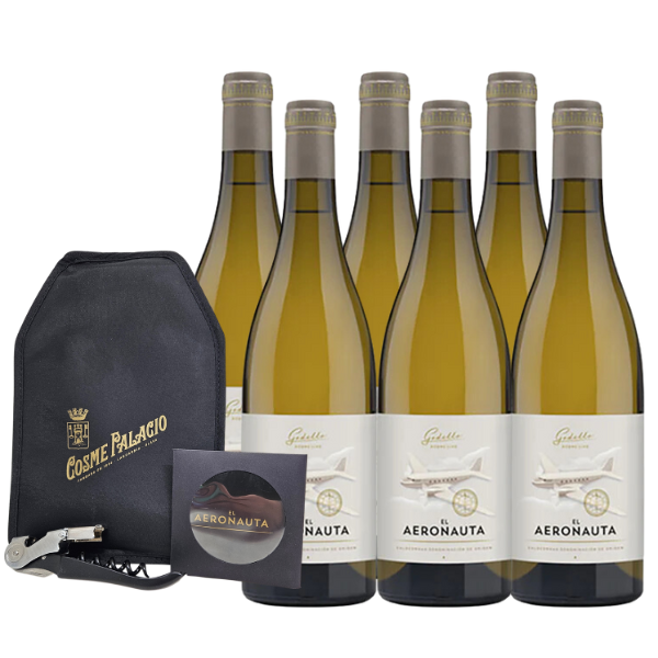 oferta especial de 6 botellas de vino blanco godello el aeronauta de bodegas palacio con un kit de servicio de vino de regalo