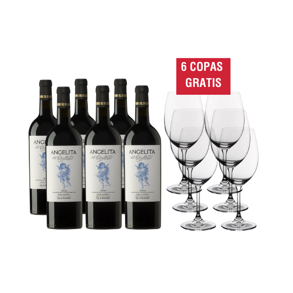 Pack de vino y copsa gratis. 6 botellas de Rioja Angellita del Challao con 6 copas de regalo de cristal de bohemia