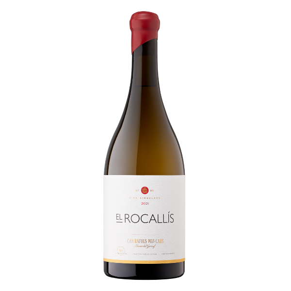 Botella de El Rocallís de Can Ràfols dels Caus, vino blanco de la D.O. Penedès elaborado con uvas Incrocio Manzoni.