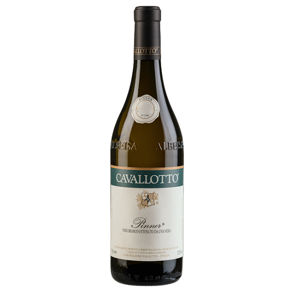 Botella de Cavallotto Pinner, vino blanco del Piamonte elaborado con uvas Pinot Nero vinificadas en blanco.