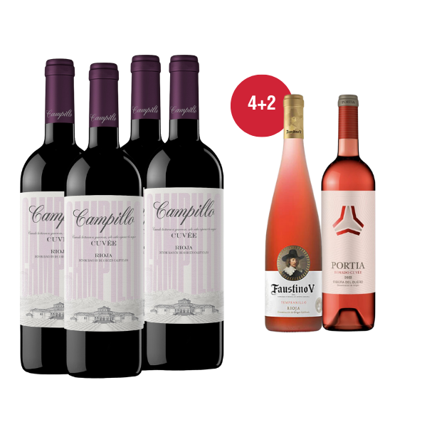 cuatro botellas de vino tinto campillo cuvee, oferta especial de regalo dos botellas de rosado 