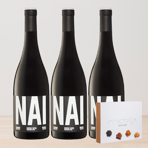 3 botellas de albamar Nai, mencía de Ribeira Sacra y bombones costiña de regalo